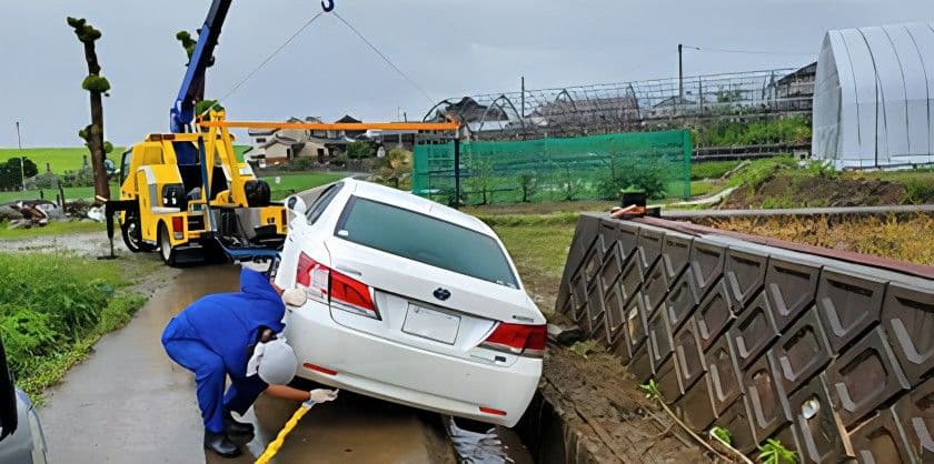 溝に落ちた白い車をレッカー車が引き上げている。安心の自社ロードサービス24時間365日対応！
